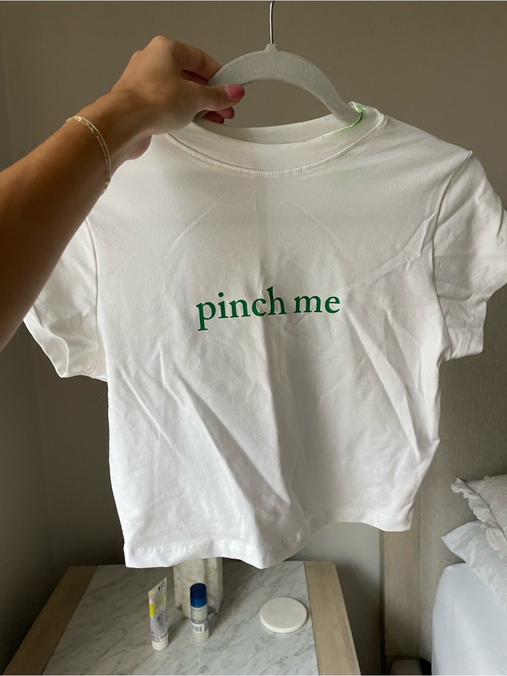 April fools Windsor White Tee with Green "pinch me" Print